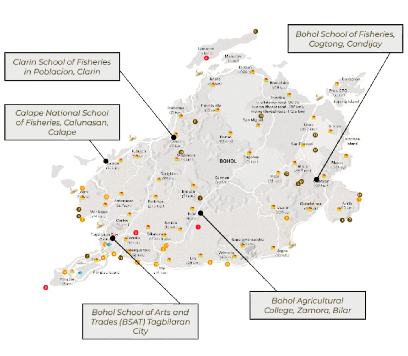 Map of Bohol showing the founding schools integrated into Bohol Island State University