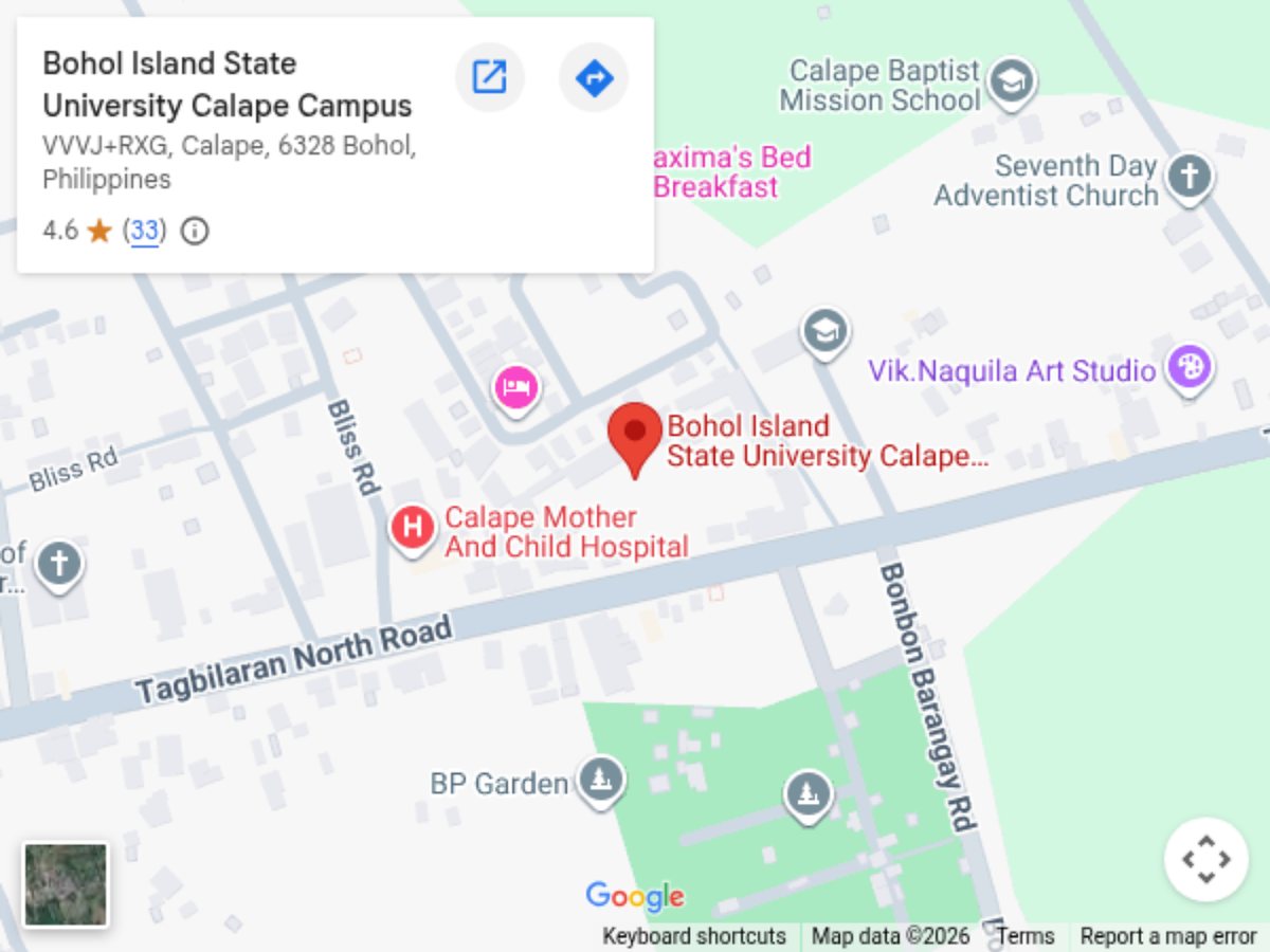 Google Maps showing Bohol Island State University Calape Campus on Tagbilaran North Road